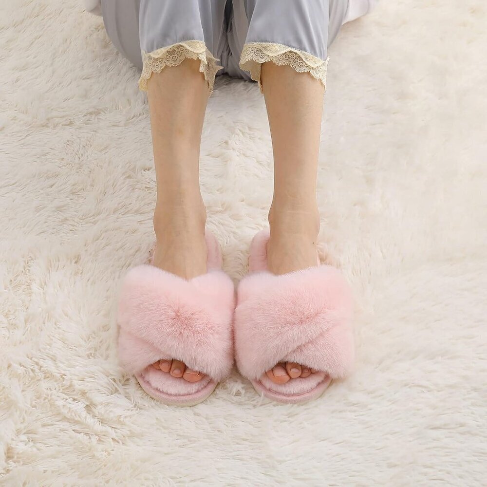 🆕Women's Pink Fuzzy Slippers Cross Band Memory Foam Faux-fur Open Toe Shoes - Picture 7 of 8